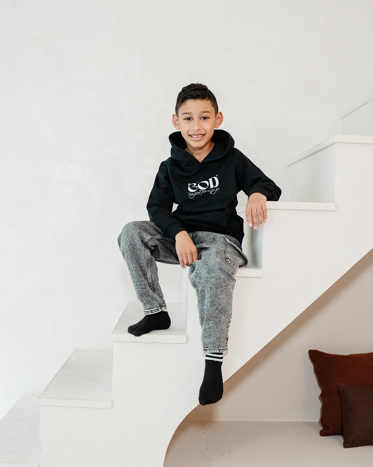 God has great plans Kids Eco Hoodie Black