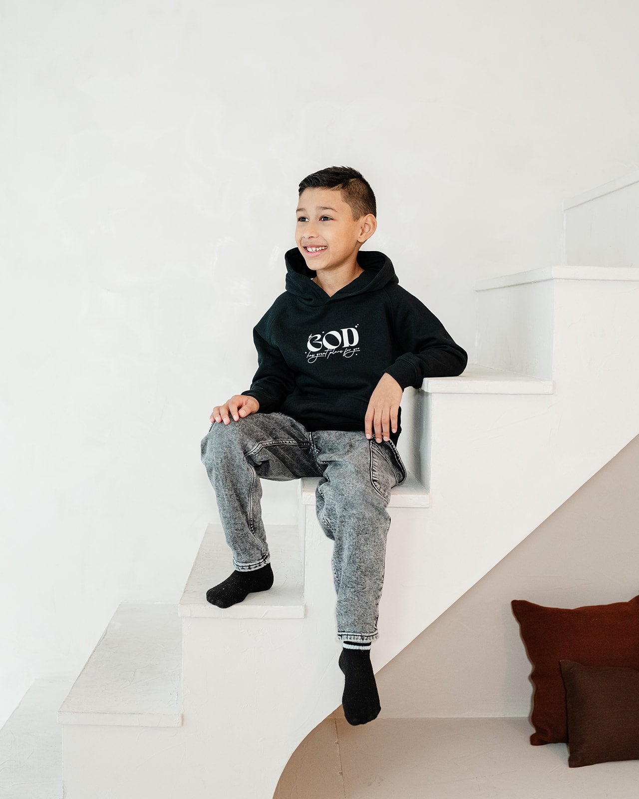 God has great plans Kids Eco Hoodie Black