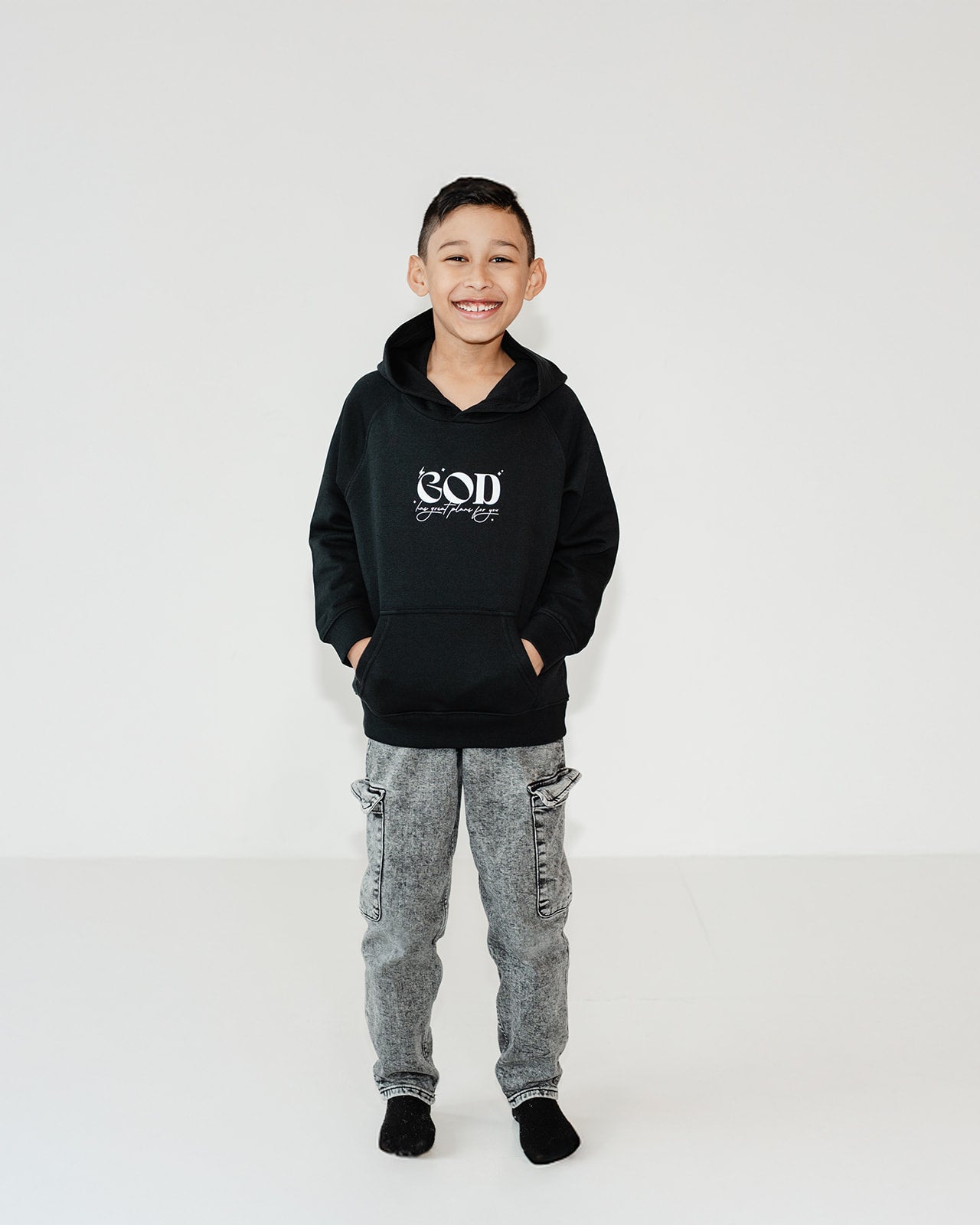 God has great plans Kids Eco Hoodie Black