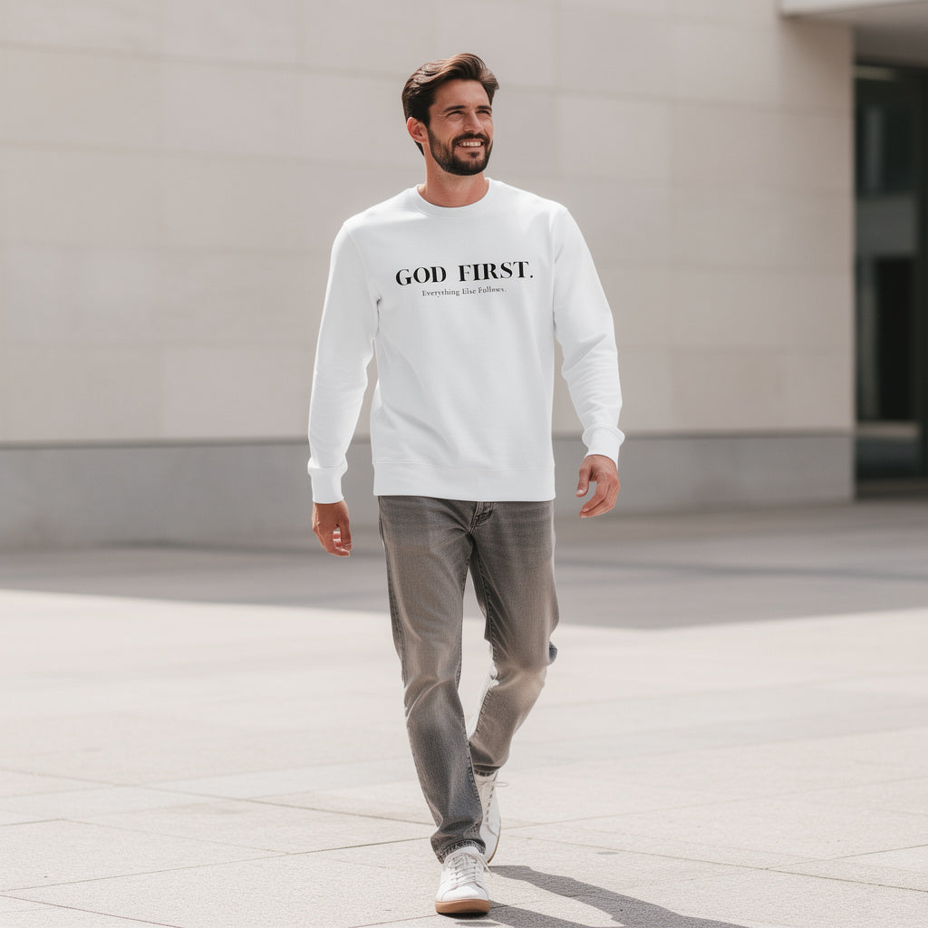 GOD FIRST UNISEX ECO SWEATSHIRT WHITE