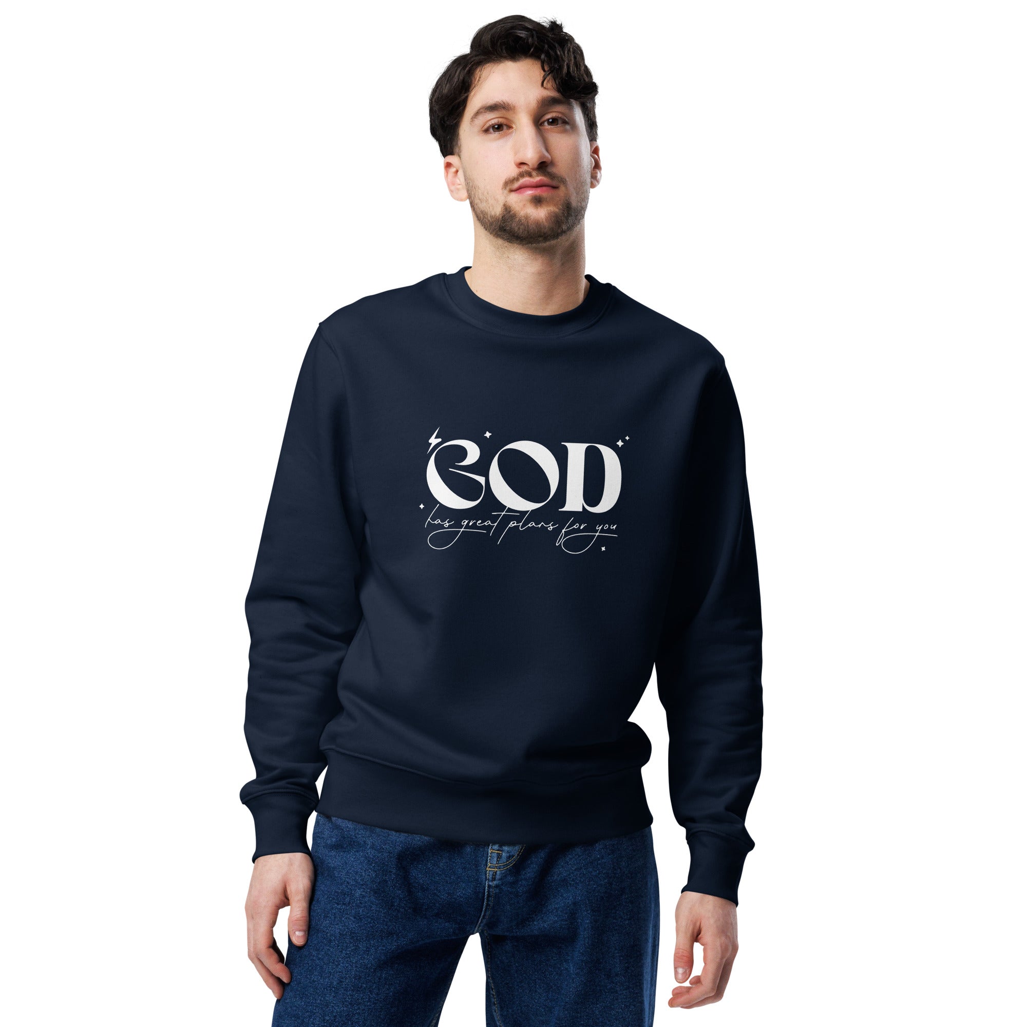 GOD HAS GREAT PLANS FOR YOU UNISEX ECO SWEATSHIRT FRENCH NAVY
