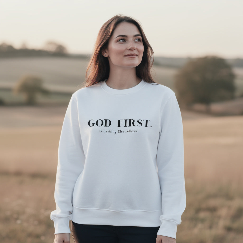 GOD FIRST UNISEX ECO SWEATSHIRT WHITE