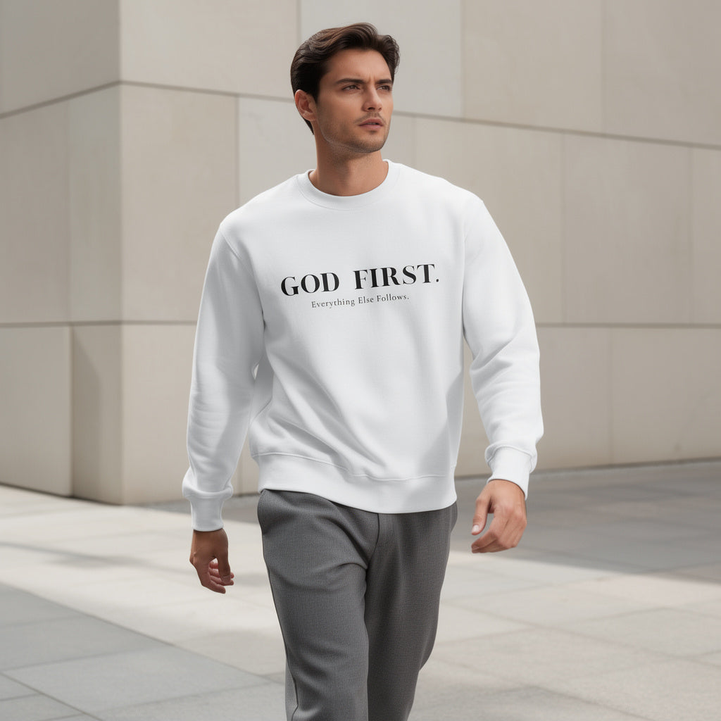 GOD FIRST UNISEX ECO SWEATSHIRT WHITE